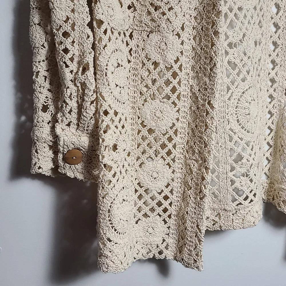 ZARA Open Crochet Cream Button Up Cardigan Shacket Coat Size Large - Picture 3 of 15